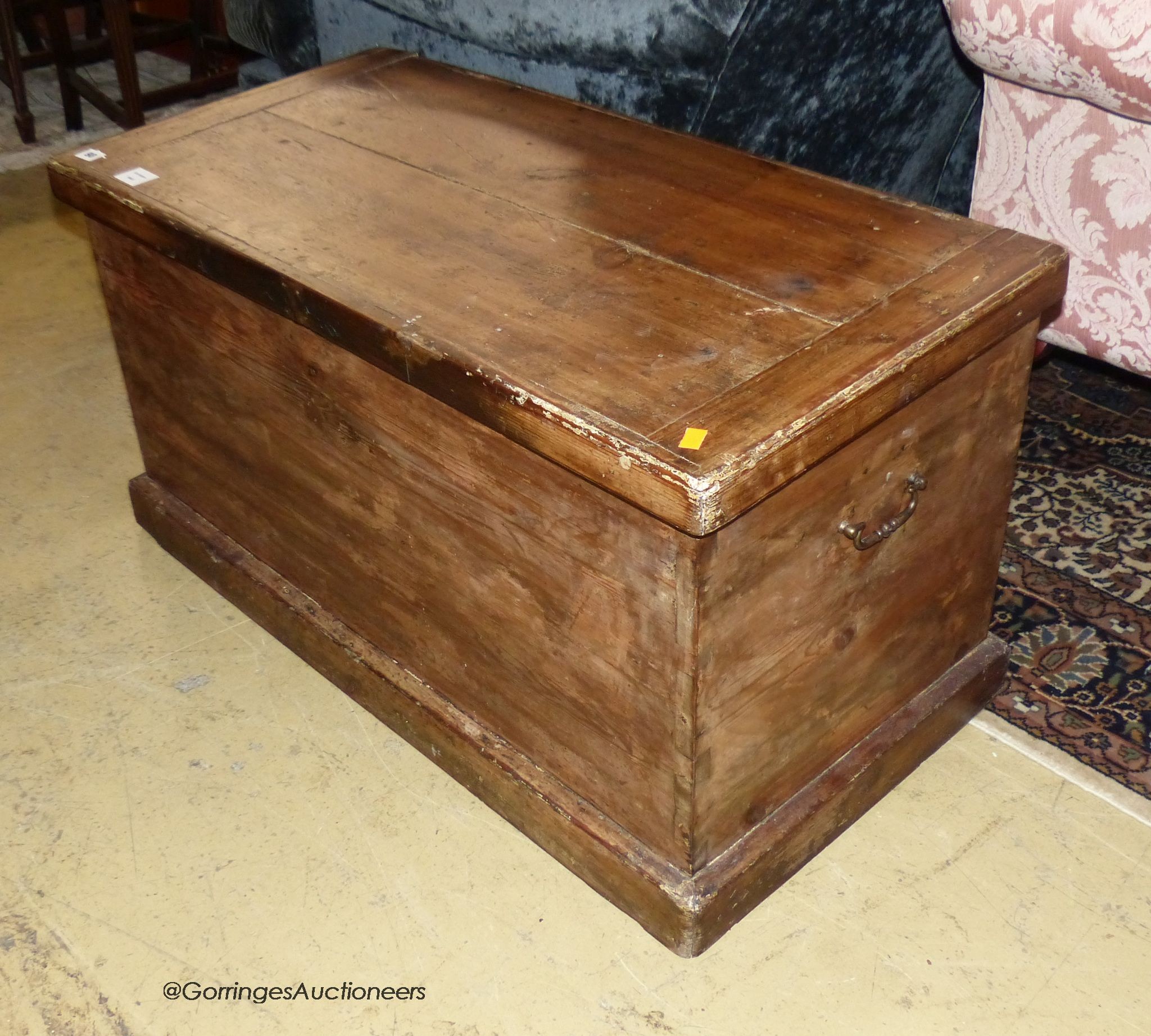 A Victorian rectangular pine trunk, length 95cm, depth 48cm, height 49cm